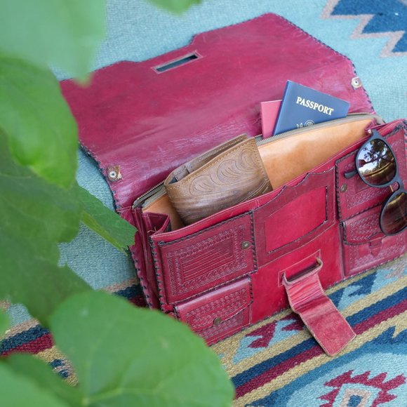 Floral Embossed Vintage Red Leather Clutch Purse - Picture 3 of 6